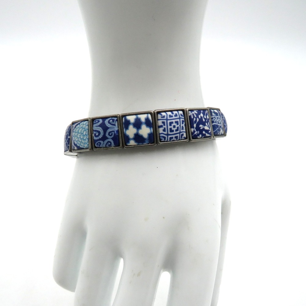 Jilzara Blue White Square Clay Tile Bead Bracelet Unisex‎ Adjustable Cord Boho